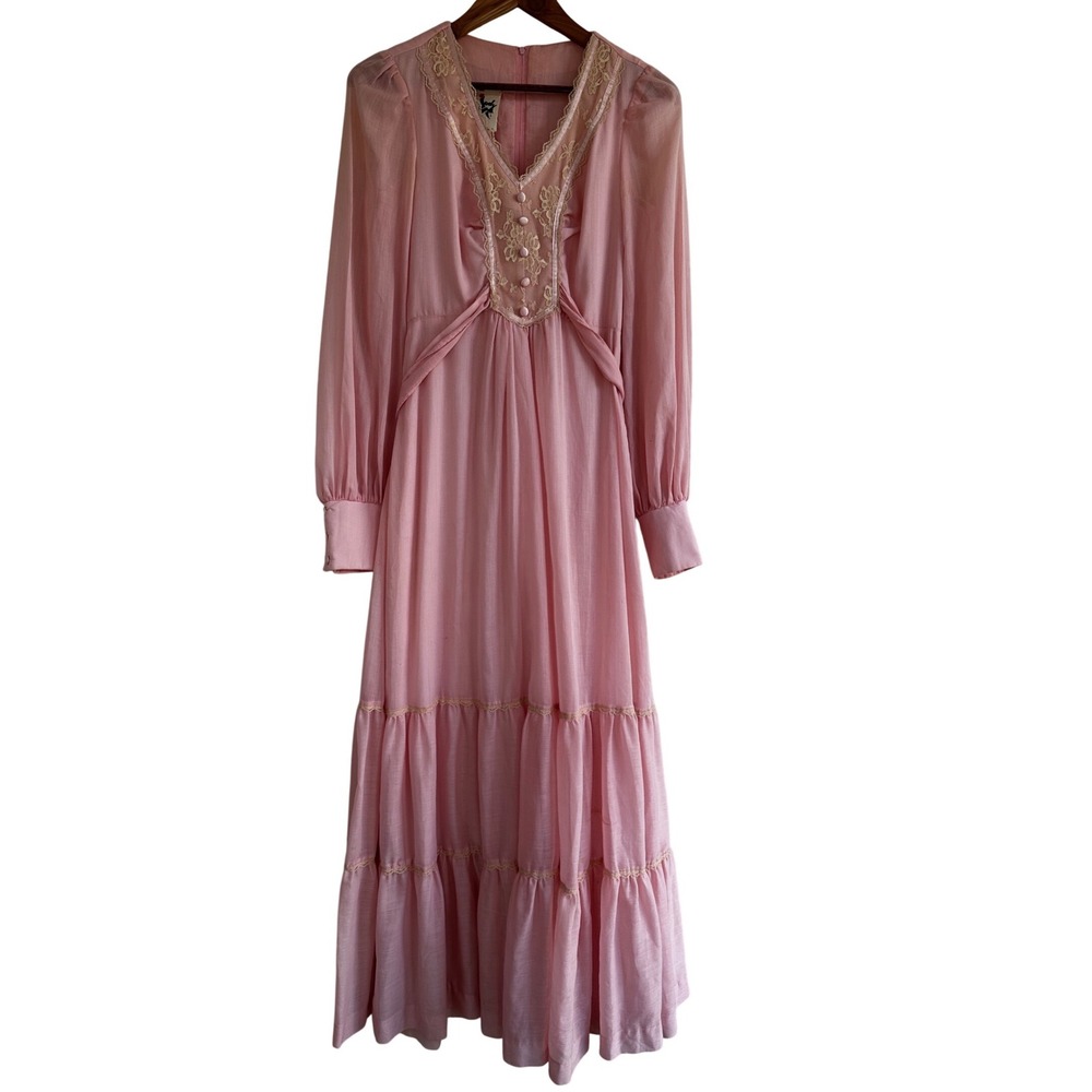 Vintage Jody of California Pink Lace Prairie Maxi Dress 70s Victorian‎ Women 9